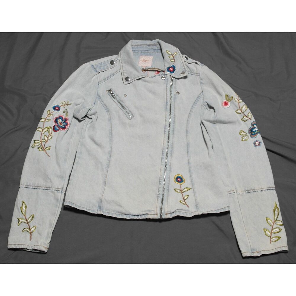 Candies Junior Denim Floral Embroidered Zip Jean Jacket Distressed- Medium